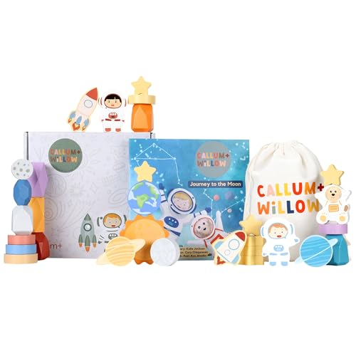 Image of Toddler 30 Piece Stacking Wood Blocks Space Gift - Montessori 2 Year Old Fine Motor Skills Toy Learning Stacking Shape Sorter Sensory Preschool Busy Journey to the Moon (Book and Block Set, Wood)
