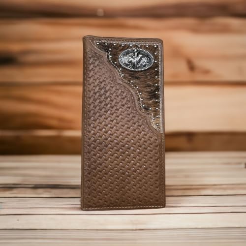 Urbalabs Mens Long Wallet Basketweave Leather Soft Leather Cow Hair Checkbook Style Cowboy Hand Crafted High End Mens Wallets Leather Bull Rider Rodeo Concho Gifts For Men (Brown)2
