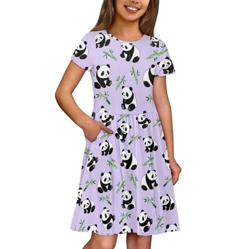 Image of Girls Dress with Pockets Basic Short Sleeve High Waist Swing Skater Dress School Party Dress for Kids