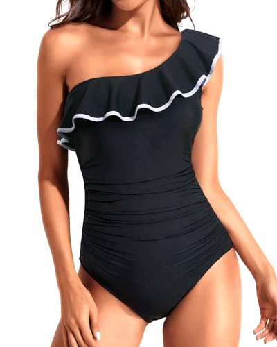 Model wearing swimsuit styles that balance wide hips.