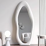 Espejo irregular de longitud completa, espejo de pie for el cuerpo del suelo, espejo grande ondulado, espejo de pie y espejo apoyado contra la pared for sala de estar, marco de madera envuelto atercio