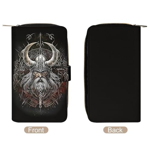 Viking Warrior Leather Wallets,Long Wallet Purse,Slim Thin Leather Bifold Card Holder Wallet,Adjustable Buckle,Multi Cards Case,Large Capacity3