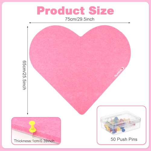 Image of Climberty Heart Shaped Felt Pin Board 90x60cm, Decorative Bulletin Board for Photos Notes and Wall Display, Soft Felt Memo Board for Bedroom Dorm Office Decor