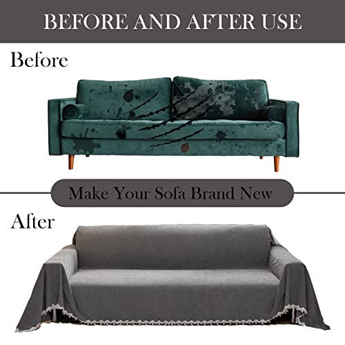 Handontime Charcoal Chenille Couch Covers For 3 Cushion Couch Sofa Pet Couch Protector Cover, Modern Sofa Cover With Tassel For Cat Dog, Sectional Couch Covers L Shape, Couch Cover Blanket, 71" X118" #TOP3