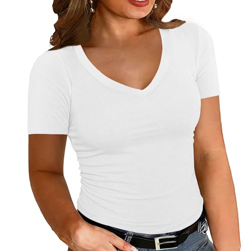 Chulianyouhuo Womens Plus Size Tops V Neck Short Sleeve Ribbed Knit Shirts Summer Fitted Basic Tee Casual Blouse 2026 White