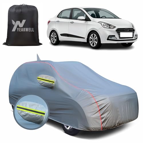 Image of Car Body Cover for Hyundai Xcent, 100% Waterproof, Heat-Resistant with Mirror & Antenna Pockets, Soft Cotton Lining, Triple Stitched, Green Reflector (Metallic Grey)