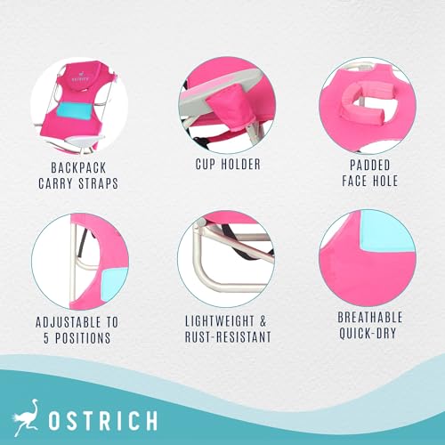 Ostrich Ladies Comfort & On-Your-Back Lightweight Beach Reclining Lawn Chair with Backpack Straps, Outdoor Furniture for Pool, Camping, or Patio, Pink