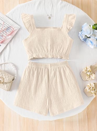 Image of Girl's Summer Clothing Sets Knit Ruffle Striped T-Shirt and Shorts 2 Piece Outfits