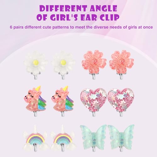 Unicorn Clip On Earrings with Gift Box for Little Girls, Bling Rainbow and Butterfly Earrings, Toddler Princess Costume Jewelry Party Favors Gift for Dress up Pretend Play (3-8 Years)3