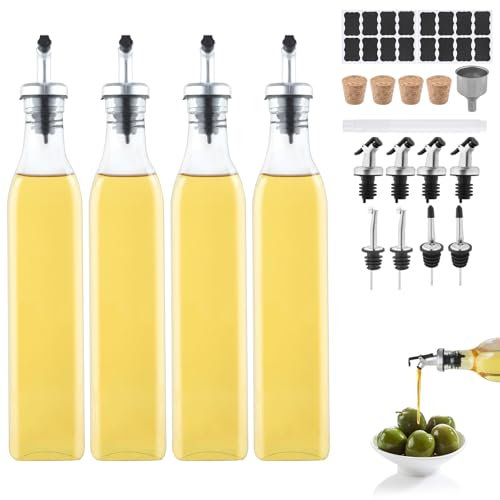 Beylce aceitera antigoteo cristal, 4x500ml aceitera y vinagrera con tapón antimanchas, etiqueta, corcho, rotulador de pizarra, embudo de acero inoxidable para cocina y barbacoa