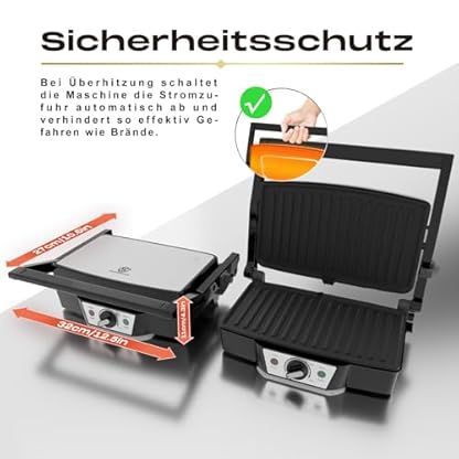 SUPERLEX Edelstahl Kontaktgrill Elektrogrill 1500-1800W mit Antihaftplatten | Sandwichmaker & Panini Grill für Steak/Gemüse | Kompakt 27.5x17.8cm, Deckel aus Edelstahl – Bild 5