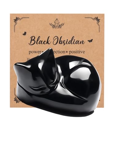 JSDDE Figurine de Chat Endormi en Cristal d'Obsidienne Noire - Ornement Mignon en Pierre Précieuse pour Maison, Bureau - Statue Décorative - Cadeau pour Amoureux des...