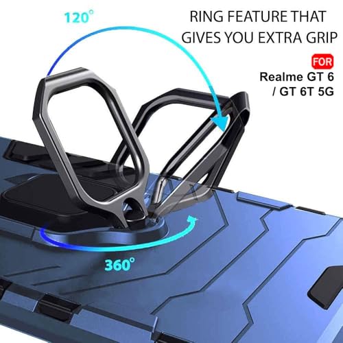 Image of TheGiftKart Tough Armor Bumper Back Case Cover for Realme GT 6 / GT 6T 5G | Ring Holder & Kickstand in-Built | 360 Degree Protection Back Case Cover for Realme GT 6 / GT 6T 5G (PC & TPU, Blue)