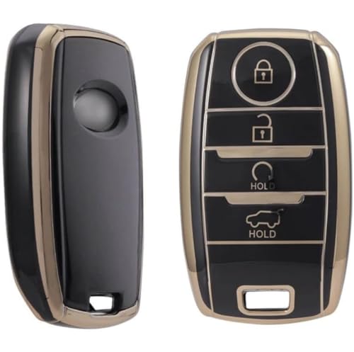 Image of TPU Car Key Cover Black & Golden Compatible for KIA Seltos (KIA, 4 Button Push Smart Key)
