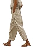 Pantalón Lino Mujer Verano Fresco Pantalones Tobillero Ligeros Cintura Elástica Pantalón Cropped Holgado Cómodo Casual, Khaki S