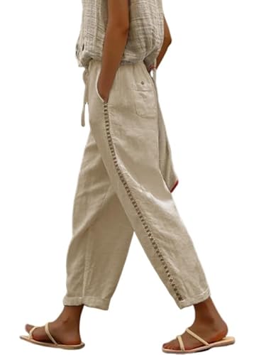 CrystErzoix Womens Linen Cropped Trousers Summer Pants Ladies Beach Trousers Casual with Elasticated Waist Soft Lounge Pants, Khaki L