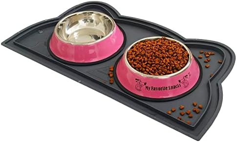 Dog Bowls,Cat Bowls,Dog Feeders,Two Stainless Steel Food Water Bowls with Mat,Feeder with No-Spill and Non-Skid Silicone Mat,Stainless Steel Cat and Dog Dish Bowls for Small Medium Pets Puppies