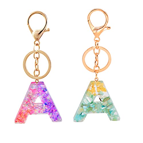 2Pcs Porte-clés, Porte-clés en résine, Porte-clés à lettres avec fleurs, Alphabet A-Z Porte-clés pour les femmes Cadeaux d’anniversaire de fille (Alphabet A) Cover
