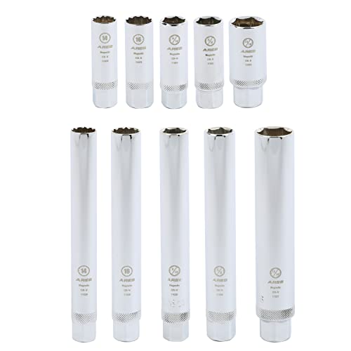 Ares 11033-10-Piece Extra Deep And Standard Length Magnetic Spark Plug Socket Set – 3/8-Inch Drive Spark Plug Sockets - 2.5-Inch And 6-Inch Length 6-Point And 12-Point Sockets – Foam Storage Tray #TOP5