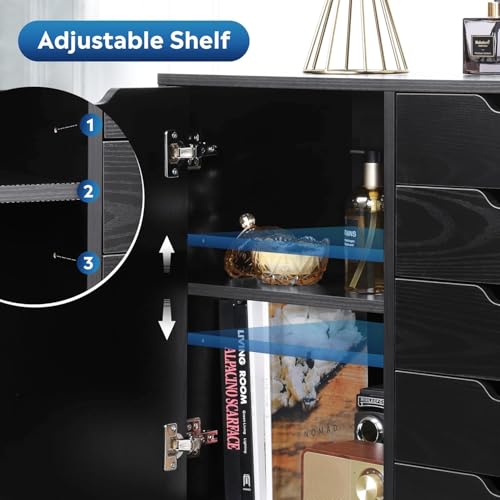 5-Drawer Wood Drawer Cabinet, Office Storage Cabinet with Adjustable Shelf & Wheels, Printer Stand for Home Office, Black, 15.7" D x 30.7" W x 25.4" H by Simple Deluxe - Image 2
