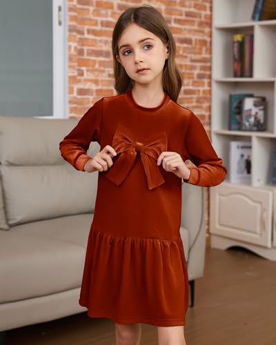 Toddler Girls Fall Dress: Velvet Long Sleeve Bow Tie Dresses for Casual Winter Christmas Holiday Party with 2-7T2