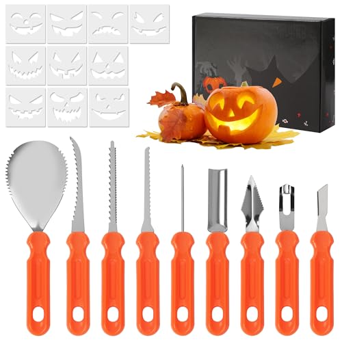 BUCOMTU Halloween Kürbis Schnitzset 20 Stück Kürbis Schnitzwerkzeug Set aus Edelstahl mit Schnitzvorlagen Perfekt für Kinder & Erwachsene Halloween Dekoration