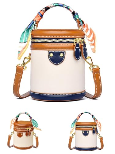 Colorblock Bucket Bag For Women,Colorblock Cylinder Fashion Leather Crossbody Bag For Travel, Vacation
