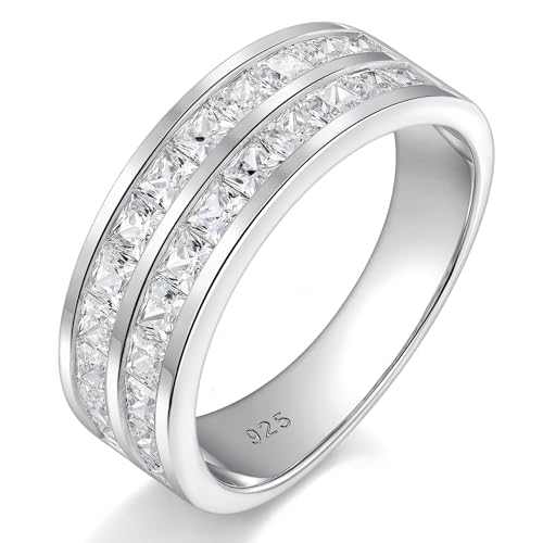 SHELOVES Double Row Men‘s Wedding Rings AAAAA Cubic Zirconia Wedding Band for Men 925 Sterling Silver Sz 8-13