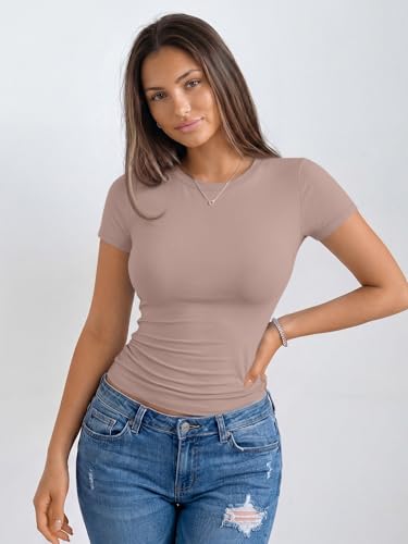 Image of Trendy Queen Womens Fitted Short Sleeve Shirt Buttery Soft Top Stretchy Tee | Crewneck Crop, Basic T, Workout Gym Outfits, Cute Summer, Y2k Going Out, Fashion Clothing, Compression Streetwear