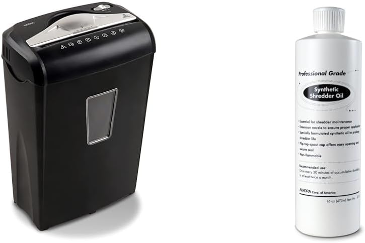 Aurora High-Security 8-Sheet Micro-Cut Paper Credit Card Shredder and 16 Oz Synthetic Shredder Oil Bottle