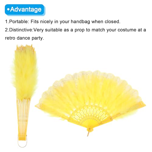 Miniatura 4 de Sourcing Map Abanico De Mano De Plumas Amarillo Vintage Con Borla Y Pluma De Jade, Abanico Plegable Para Decoración De Fiestas De Halloween, Bodas Y Bailes.