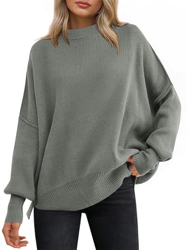 Image of ANRABESS Women Oversized Sweaters Batwing Long Sleeve 2026 Fall Outfits Crewneck Casual Knit Side Slit Fashion Pullover Top