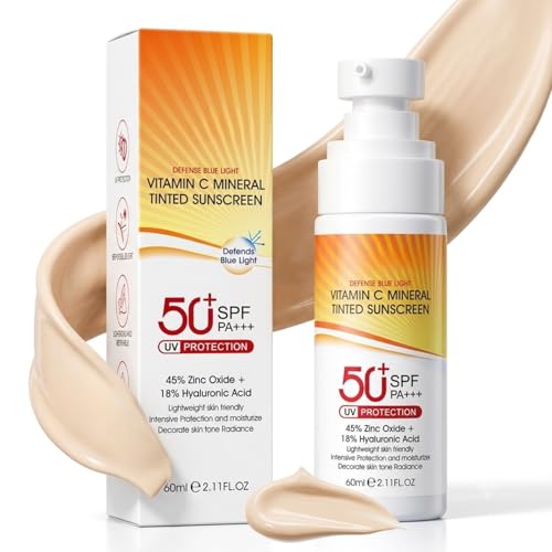 Image of Tinted Mineral Sunscreen SPF 50 Face Cream, Zinc Oxide Suncream with Vitamin C, Broad Spectrum UVA UVB Protection, Lightweight Non Greasy Sun Block for Body, Hydrating Travel Size Sun Cream, 60ml