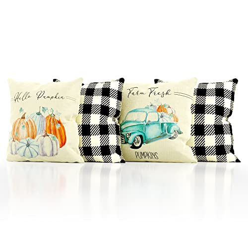 Farmhouse Fall Pillow Covers 18" X 18" - Four Modern Buffalo Plaid Farmhouse Design Throw Pillow Covers - These Pumpkin Decor Accents Are The Perfect Addition To Your Indoor/Outdoor Home Decoration #TOP7