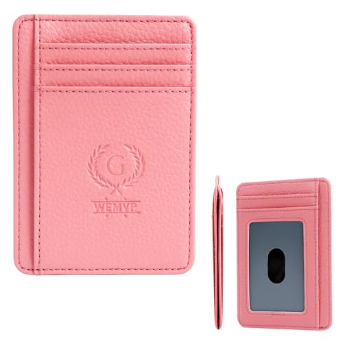 WEMVP Personalized Initial Card Wallet - Deep 3D Embossed Floral Leather Slim RFID Blocking Holder, Ultra-Thin 0.37cm Custom Monogram Gift for Men & Women (G, Lychee Pink)