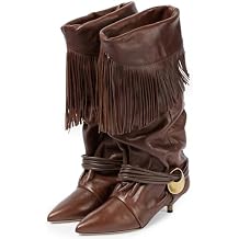 Brown Mid Calf Boots for Women Fringe Tassel Fold Over Cowgirl Boots Western Pointed Toe Kitten Low Heel Slouchy Pull On Fall Boots