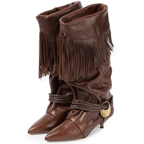 Brown Mid Calf Boots for Women Fringe Tassel Fold Over Cowgirl Boots Western Pointed Toe Kitten Low Heel Slouchy Pull On Fall Boots