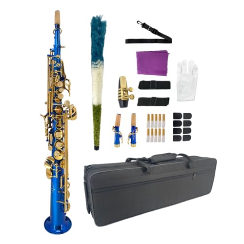 WUQIMUSC Bb Straight Soprano Saxophone–Gold Lacquer Finish, Ergonomic Design with Case, Mouthpiece, Neck Strap & Accessories, Ideal for Beginners & Advanced Players（Blue）