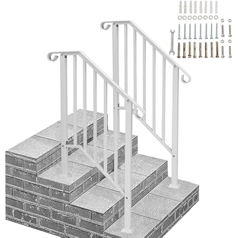 2 Pack 3 Step Handrails for Outdoor Steps, Wrought Iron Stair Railing, Metal Hand Railing with Installation Kit, Staircase Handrails for Concrete, Porch, Deck, Exterior Steps, White Cover