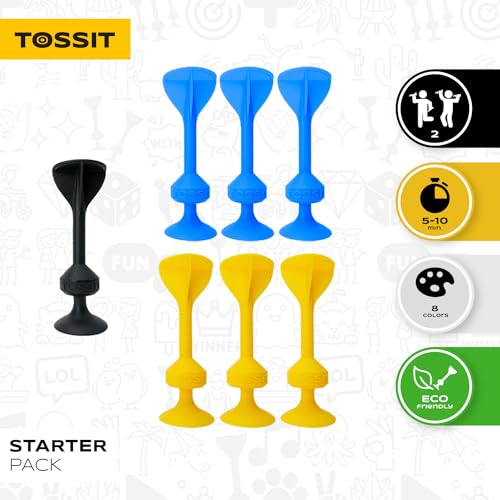 TOSSIT Jeu Fléchette Ventouse, Pétanque Intérieur Extérieur pour Sol et Mur, Silicone Puissant et Durable, Starter Pack, Bleu Jaune
