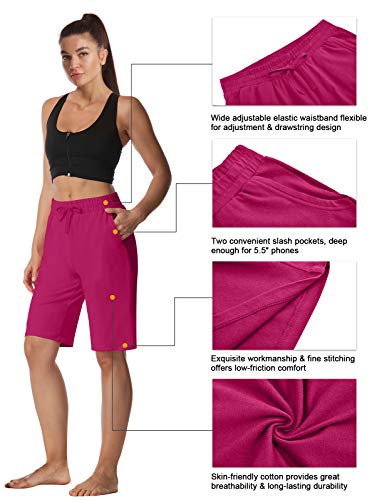 ChinFun Women's Bermuda Shorts Athletic Active Yoga Lounge Quick Dry Activewear Workout Soft Knit French Terry Sweat Running Shorts with Deep Pockets Fushcia Size XL