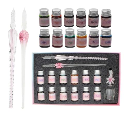 Glass Dip Pen Ink Set, 16 Pieces Calligraphy Pens Set - 12 Colorful Inks, Pen Holder, Cleaning Cup, 2 Crystal Glass Pens for Writing, Signature - Pink