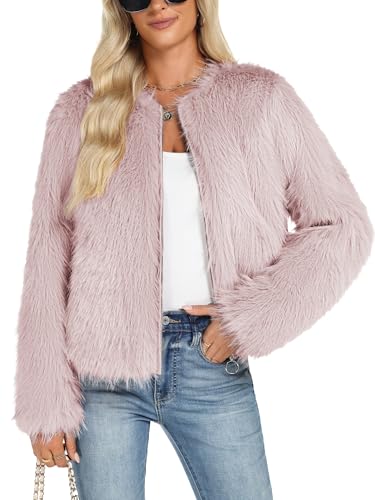Funlingo Women's Faux Fur Coat Winter Warm Cropped Jacket Trendy Long Sleeve Crew Neck Zip Up Outerwear