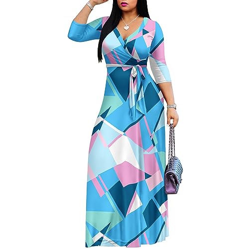 AOMONI Women's Maxi Dresses Summer Casual 3/4 Sleeve V-Neck Wrap Tie Waist Long Dress Geometry Blue and Pink XX-Large