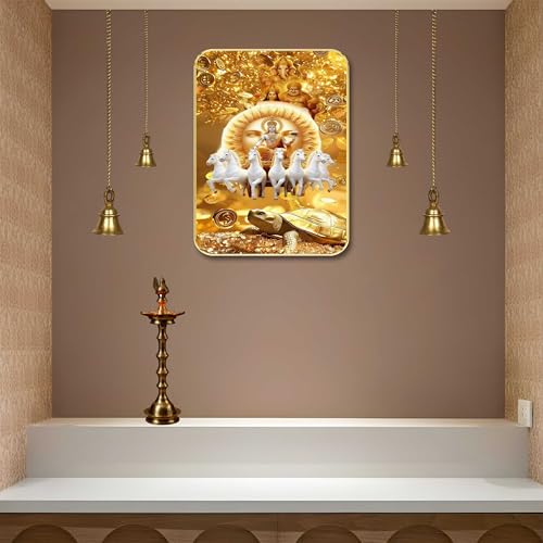 Image of SAF Surya Narayan Wall Art with Table Top Stand & Wall Hanging Hole | Lakshmi Ganesha Kurma Seven Horses MDF Religious Painting for Mandir Home Decor