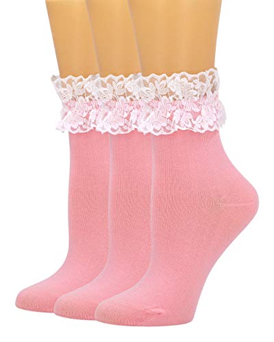 SEMOHOLLI Women Ankle Socks, Lace Ruffle Frilly Comfortable Cotton Socks Princess Socks Lace Socks (3 Pairs-Pink)