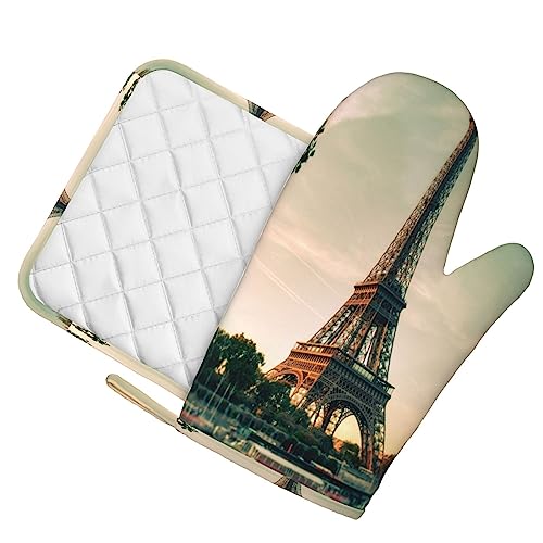 Grey Paris Eiffel Tower Oven Mitts And Pot Holders Heat Resistant 2Pcs Set Bbq Gloves And Pads For Cooking Baking Grilling #TOP1