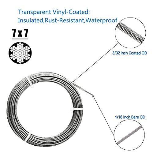 Sunmeg String Light Hanging Kit,Outdoor Light Hanging Kit,Vinyl Coated 304 Stainless Steel Wire Rope Cable,Guide Wire For Outdoor String Lights,Easy To Install (Transparent 60Ft Cable Only) #TOP1