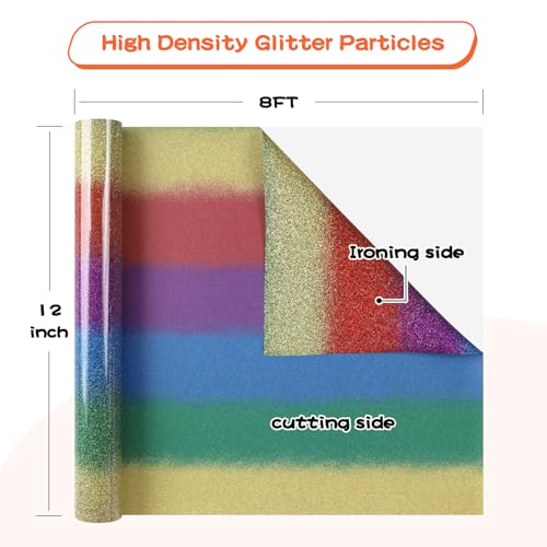 Image of guangyintong Rainbow Glitter Heat Transfer Vinyl Rolls - 12 inch x 8ft Rainbow Gradient Glitter HTV Vinyl for Shirts, Iron On Vinyl for All Cutter Machine - Easy to Cut & Weed for Heat Vinyl Design