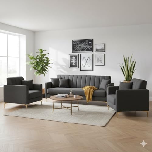 Image of 3+1+1 Seater Velum Fabric Sofa Set for Living Room, Modern Design with High Density Foam, Solid Wood Frame, Ergonomic Comfortable Seating for Home & Office (Dark Grey, 3+1+1) | Soft foam comfort, Strong wood frame